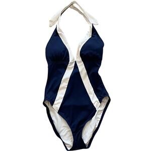 Vince Camuto Navy White Colorblock Halter Tie One Piece Swimsuit, Size 8